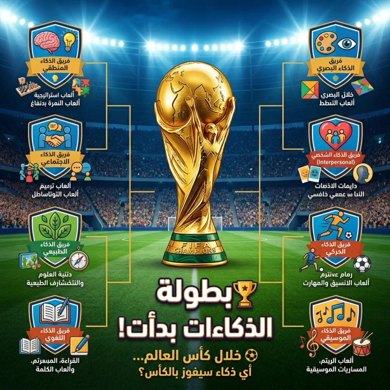 ملصق فيه كأس ذهبية على ملعب كرة قدم وجدول شارات.