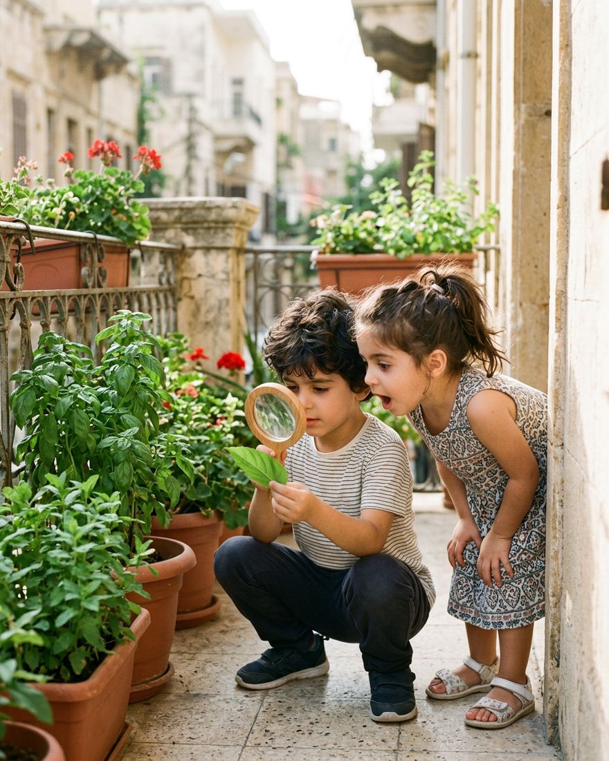 طفلان يجلسان القرفصاء على شرفة وينظران إلى ورقة نبات بعدسة مكبّرة.