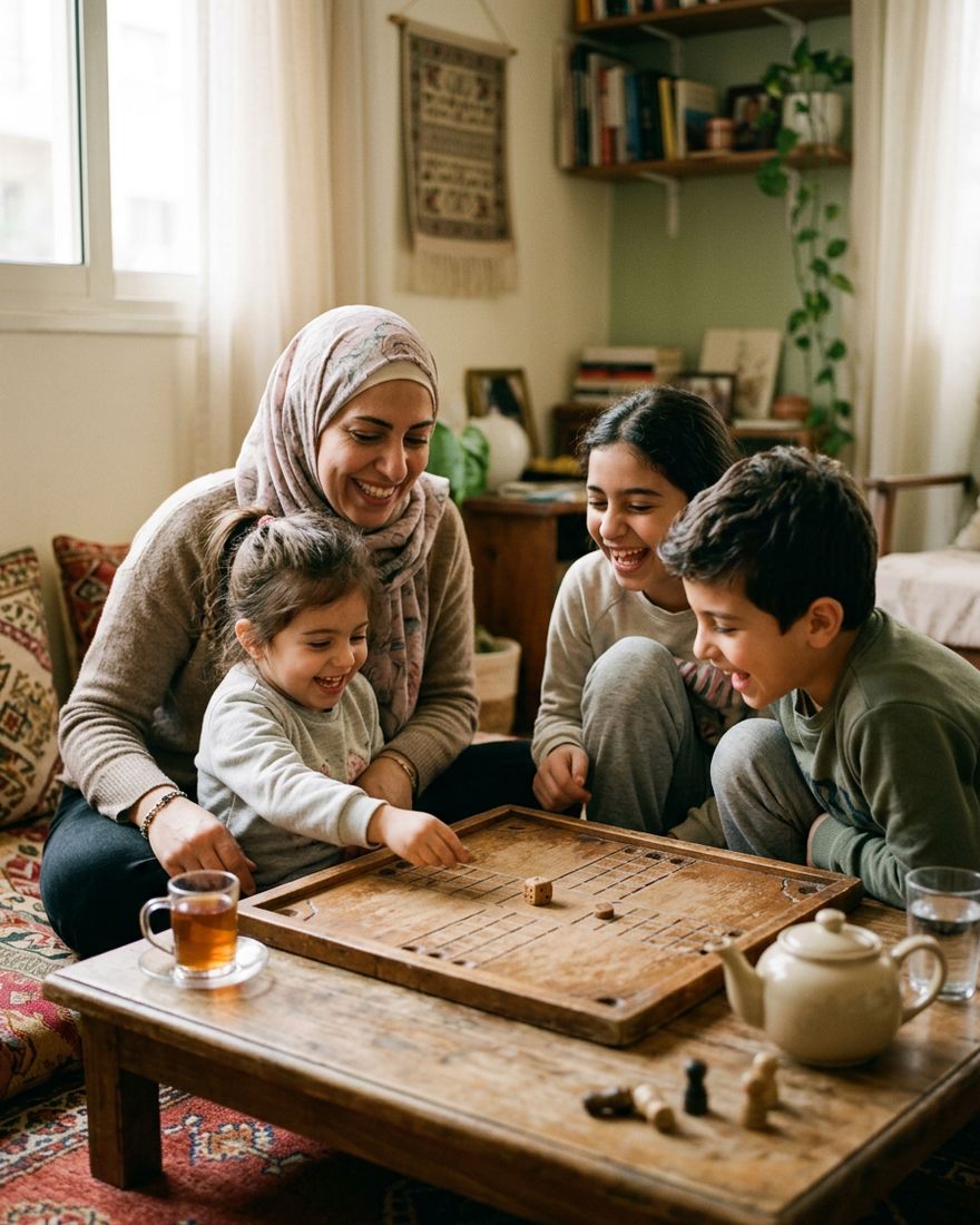 أمّ وثلاثة أولاد يلعبون لعبة لوحية على طاولة خشبية منخفضة.