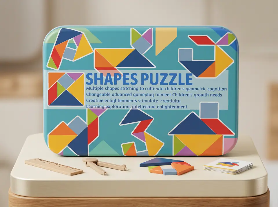 Plastic shapes puzzle, steel box